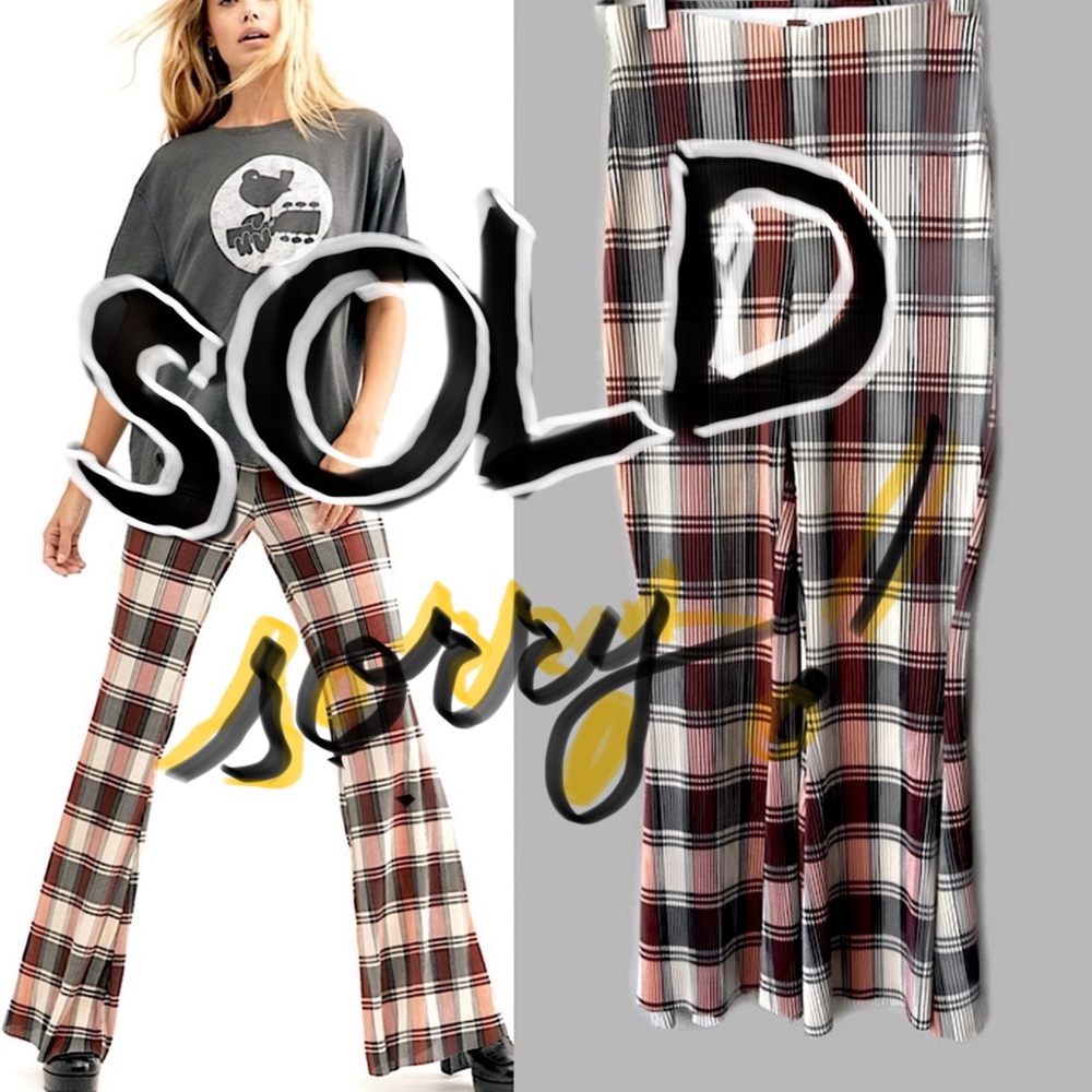💋Free People NWOT Bethany Red Plaid Stretchy Elastic Waist Flare Pants, Small